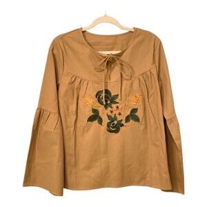 Shein Floral Embroidered Bell Sleeve Linen-Blend Top Size Medium